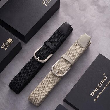 Тканинні ремені Tangchao 2 шт. Плетені еластичні ремені для жінок та чоловіків, 3.3 см, 90-135 см, чорний+бежевий, 100 см