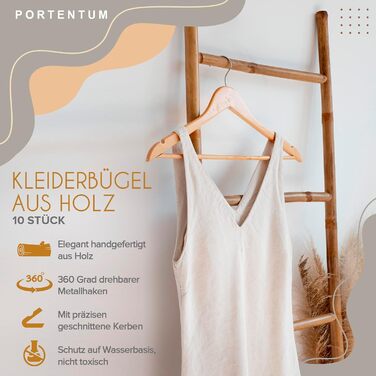 Плечики для одягу Portentum Holz, 10 шт., натуральні кольори - поворотний гачок 360°, борозни для спідниць та блузок, нековзний перекладина для штанів, підходять для костюмів, сорочок, курток