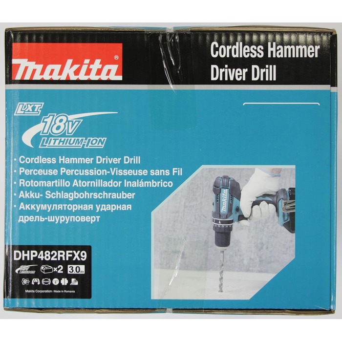 Ударний дриль-шуруповерт Makita DHP482RFX9 18V, 3.0 Ah, 2 акумулятори + зарядний пристрій в алюмінієвому кейсі, Petrol, комплект з 96 аксесуарів