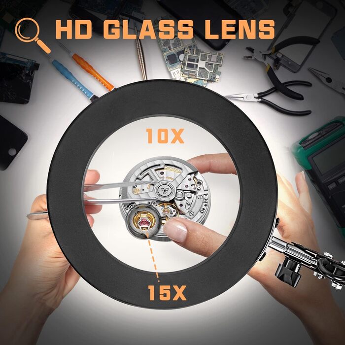 Лупа Jubor 2-в-1 з підсвічуванням та підставкою, 15x/10x, LED, з кріпленням та основою, настільна лампа, 3 режими, регулювання яскравості, для хобі, ремонту, DIY, чорна