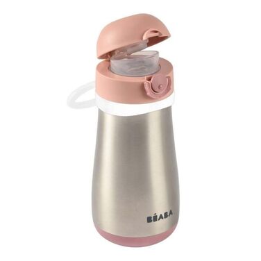 BÉABA, 2-in-1 Stainless Steel Kids' Drinking Bottle, Bottle/Glass Functionality, Push-Button for Easy Opening, Stable, Healthy, Detachable Handles, Stainless Steel Cold/Warm Insulation Function, 350ml, Old Pink