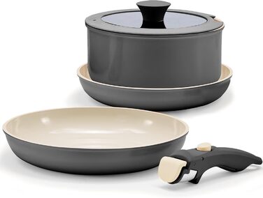 Набір посуду з кераміки 9 шт: каструлі та сковороди з антипригарним покриттям, Induktion, для духовки, без PTFE та PFOA, кремовий (5 шт. чорний)