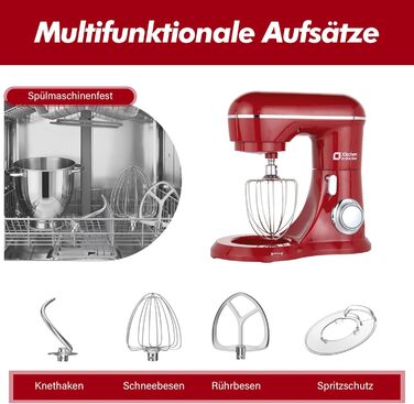 Кухонна машина Küchenmaschine 6 л, 1300 Вт, 10+ швидкостей, з набором насадок (міксер, гак для тіста, вінчик), темно-зелений/червоний