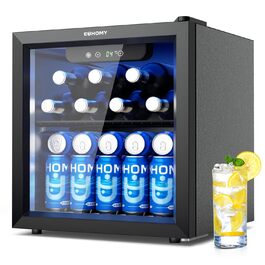 Міні-холодильник EUHOMY для напоїв на 55 банок, чорний, 36L, з дверцятами з прозорого скла, LED-підсвітка, тихий (43dB), для офісу, кімнати, бару