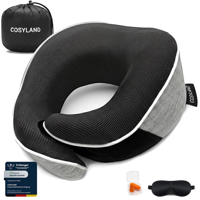 Подушка для подорожей COSYLAND з Memory Foam 360° - для літака та авто, з маскою для сну та берушами, сіра, ергономічна