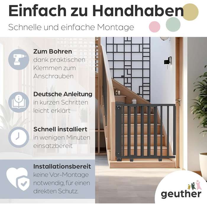 Захист для сходів Geuther Oris | Дверний захист для сходів з кріпленням, 2 клямки для поручнів, ширина, стабільне дерев'яне дитяче ворота, натуральний лак (чорний, 95-135 см)