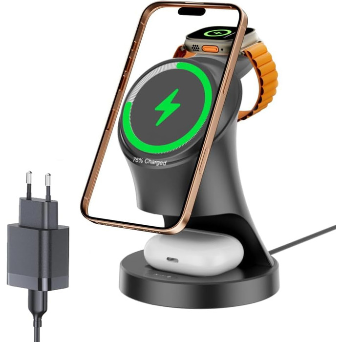3-в-1 Зарядний пристрій MagSafe: бездротова зарядка для iPhone та Apple Watch, AirPods. Чорний