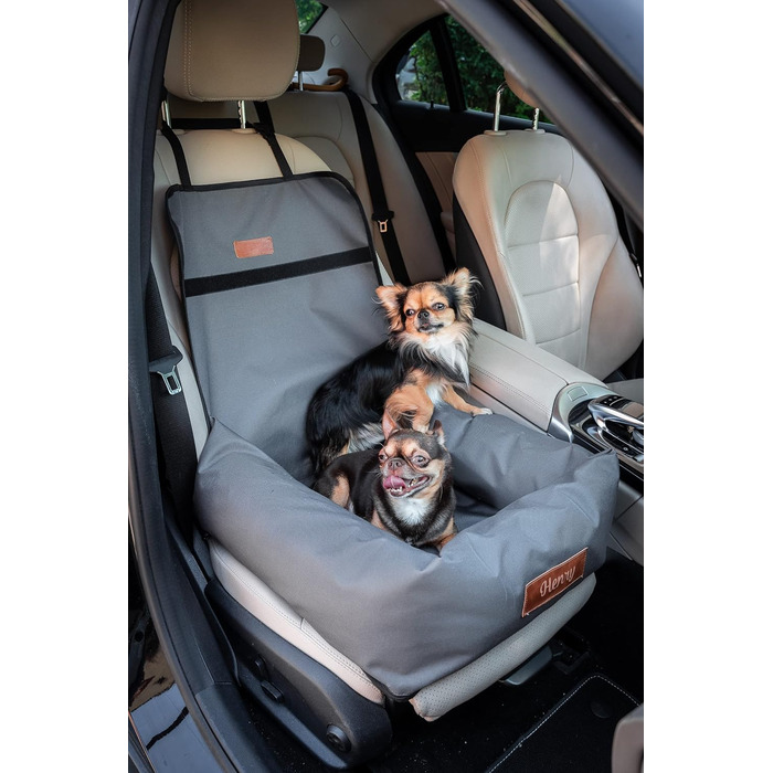 Крісло-ліжко для собак Petsen з іменем, сіре. Зручне автокрісло для собак маленьких порід, автоліжко з ліжком та поводок.