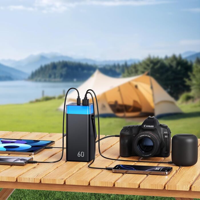 Powerbank 60000mAh 22,5W PD з USB-C, чорний: зовнішній акумулятор з 5 виходами та 2 входами, сумісний з iPhone, iPad, Samsung