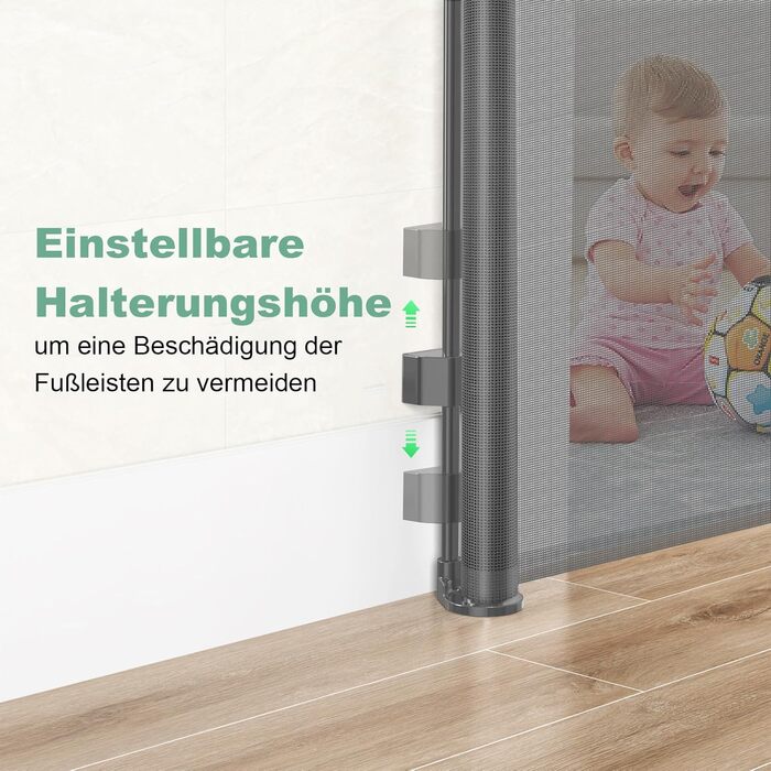Retractable Baby & Pet Gate with Lock - 150cm Wide, 83cm High - Automatic Locking, Grey