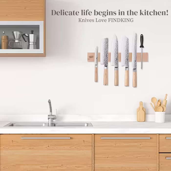 FINDKING Wooden Magnetic Knife Strip, Magnetic Utensil Holder for Wall, Refrigerator, Wooden Shelf for Kitchen Knives, No Drilling Required (Beige, 16 Inch, Without Knife)