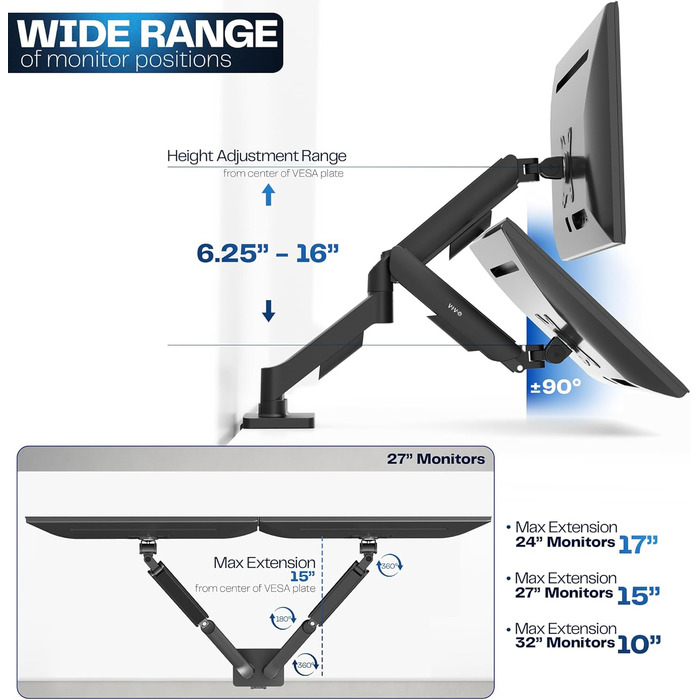 Підставка для двох моніторів VIVO STAND-V002O, до 32 дюймів, 9 кг, чорний