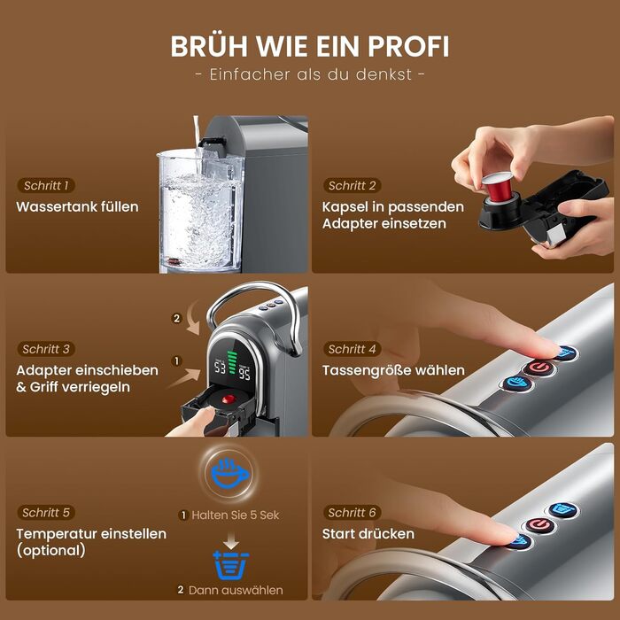 Кавомашина капсульна Magician1 Mini Kapselmaschine 5in1 для Nespresso, Dolce Gusto, Lavazza A Modo Mio, ESE 44, кавової гущі | 20 бар, 1450 Вт, LED-дисплей, 7 рівнів води | для дому та офісу (Сірий)
