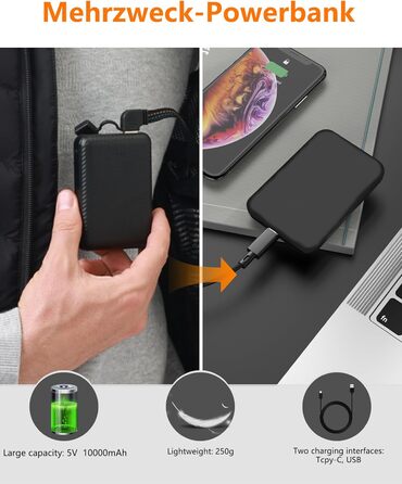 Гріюча жилетка для чоловіків та жінок з акумулятором 10000mAh, 5 зон обігріву, 3 режими температури, подвійне керування, чорна, для зимових активностей