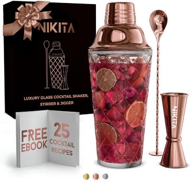 Набір шейкерів для коктейлів зі склом та ситом, 5 шт., 450 мл, з мірним стаканчиком та барною ложкою з пестиком, подарункова коробка (рожеве золото)