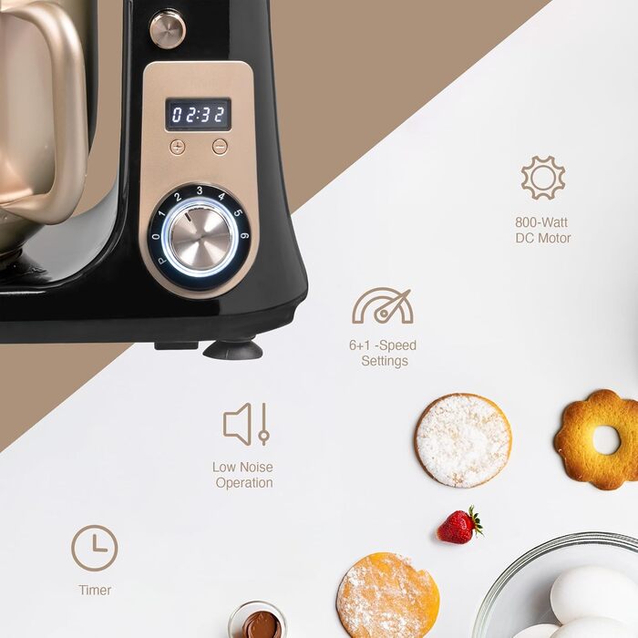 Кухонна машина Bestron Super Silent (65db) з DC-двигуном, 6 літрів, з набором насадок (міксер, гак для тіста, вінчик), 6 швидкостей + Pulse, колір: бежевий