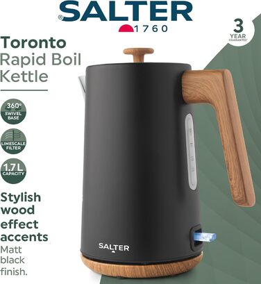 Електричний чайник Salter Toronto 1,7L, 3kW, чорний: швидке кип'ятіння, 360° підставка, фільтр від накипу, дерев'яний дизайн, бездротовий, захист від сухого кип'ятіння, автовимкнення, контролер Otter, чорний колір