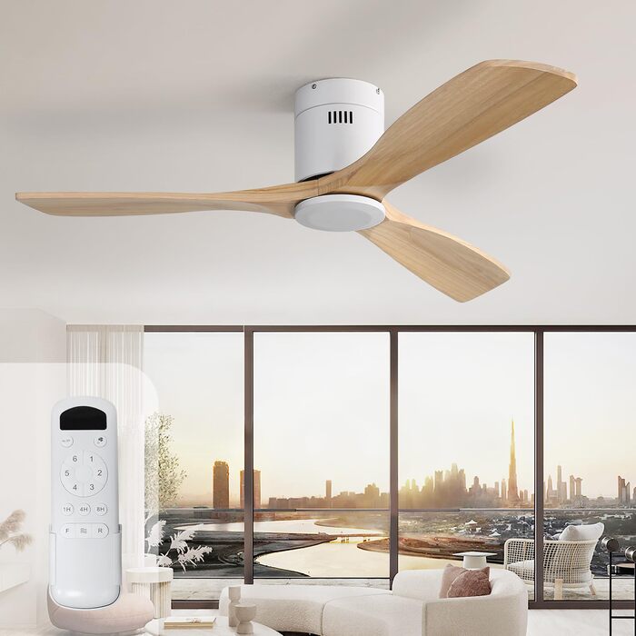 Стеляний вентилятор Sofucor з дистанційним керуванням, дерев'яний, 132 см, 6 швидкостей, DC мотор, тихий, з таймером, для спальні (без світла, монтаж врізний, натуральне дерево)