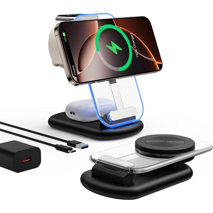 Бездротова зарядка MagSafe 3-в-1 для iPhone, Apple Watch та AirPods, сумісна з iPhone 16/15/14/13/12 Plus/Pro Max