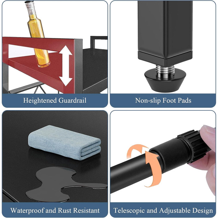 Регульована полиця для мікрохвильової печі, 3-рівнева розширювана стійка, органайзер для кухні з 6 гачками, з вуглецевої сталі, чорний