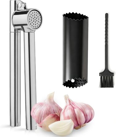 Пресс для часнику з нержавіючої сталі VINATO з очищувачем та щіткою для чищення, кухонний аксесуар для натискання та очищення часнику, придатний для миття в посудомийній машині