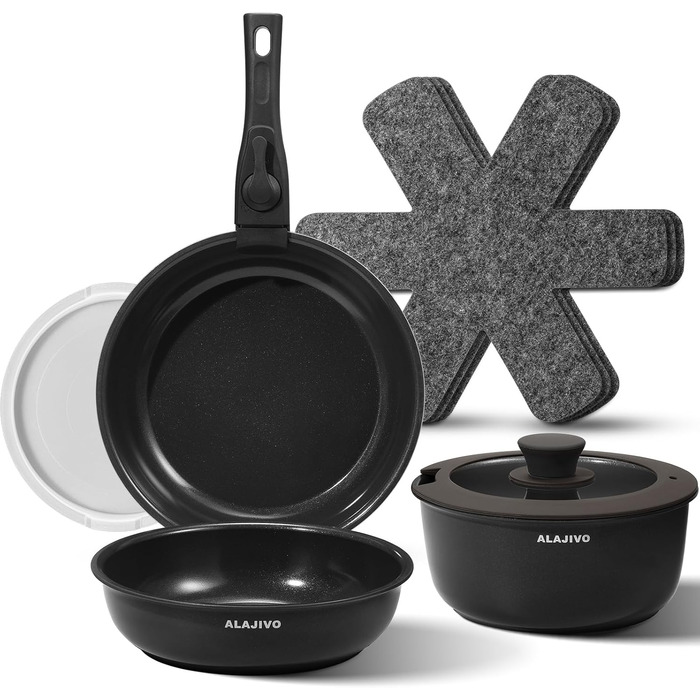 Набір каструль та сковорідок 9-ти частинний з антипригарним покриттям, кераміка, для всіх типів плит, сумісний з духовкою (темно-сірий)