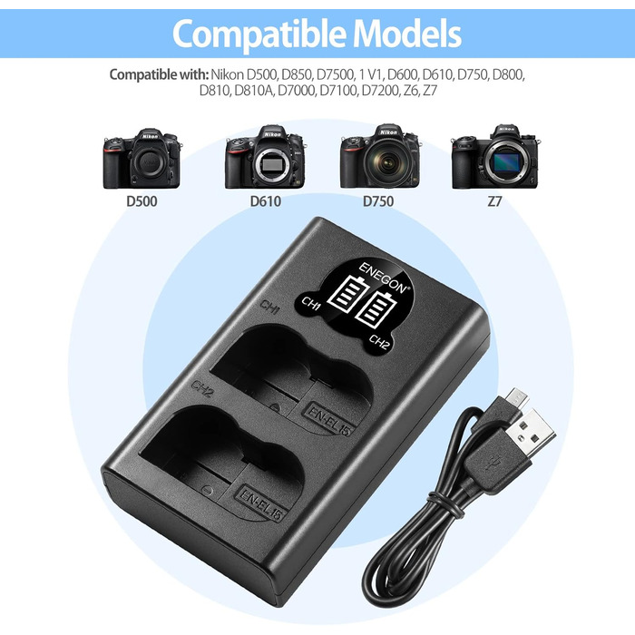 Запасний акумулятор EN-EL15 (2 шт.) та зарядний пристрій Dual LED USB для камер Nikon Z6, Z7, Z8, D7500, D7000, D7100, D7200, D500, D600, D610, D750, D780, D800, D810, D800E, D810A, D850