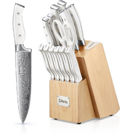 D.Perlla 14-Piece Self-Sharpening Knife Block Set - Professional Stainless Steel Kitchen Knife Set with Plastic Handle & Wood Block