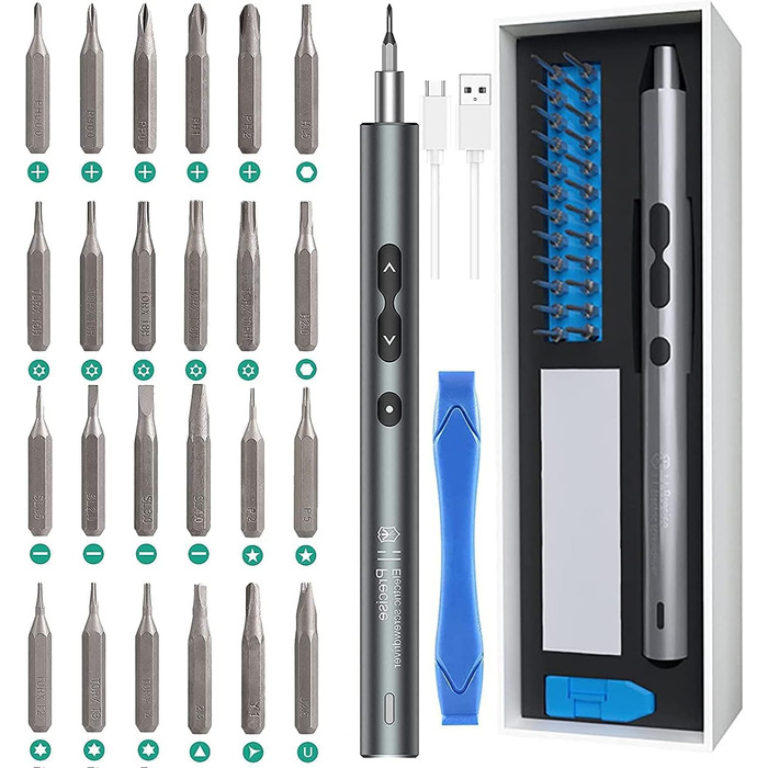 Ankilo Міні-електрошуруповерт 28-в-1: прецизійний набір викруток з LED-підсвічуванням для телефонів, годинників, ноутбуків (сірий)