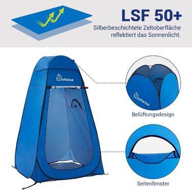 WolfWise Pop-Up Shower Tent with UV Protection - Portable Toilet & Changing Tent for Camping & Outdoor Use - Blue L