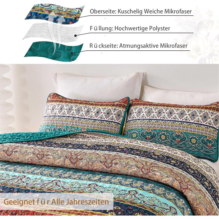 WONGS BEDDING Bedspread 220x240 Bed Cover Bohemian Quilt Steppdecke 3-Piece Double Bed Quilted Bedspread Microfiber Throw Blanket with 2 Pillowcases 50x70 for Bedroom as Sofa Cover (Bohemian) (200x220 cm, Brown Green)