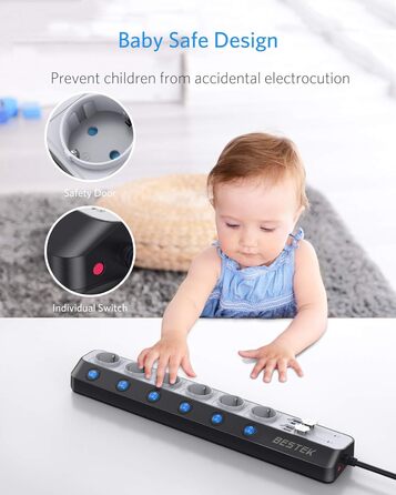 BESTEK 6-фазна мережева стрічка з USB, захист від перенапруги 900 Дж, монтаж на стіну, синьо-біла, кабель 1.8м