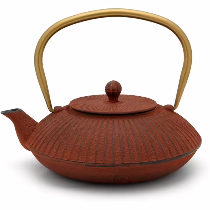 Bredemeijer Blue Flat Asia Teapot 1.1 Liter Cast Iron - Asia Cast Kettle with Stainless Steel Tea Filter Strainer (1100ml, Red)