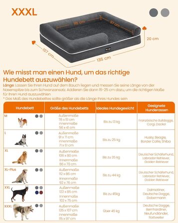 Feandrea Orthopedic Dog Bed, Dog Cushion, Dog Basket, Soft Padding, Dog Sofa, Raised Sides, Removable and Washable Cover, 91 x 71 x 20 cm, Non-Slip Bottom, PGW076G01 (L 135 x W 107 x H 25 cm, Light Grey)