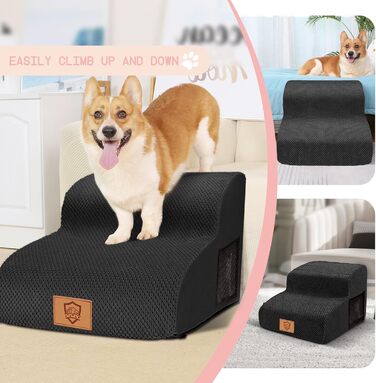 Myiosus Dog Stairs for Bed, 2-Step Foam Pet Stairs for Sofa with Removable Waterproof Cover, Non-Slip Dog Ramp Ladder for Small Dogs and Cats, 40 x 40 x 30 cm, Black