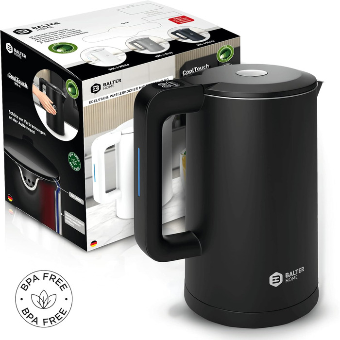 Balter Stainless Steel Electric Kettle with Temperature Control - 40°C to 100°C, Double Wall, BPA Free, 1.7L, 2200W, Quiet, Black