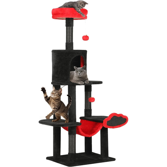 Котячий комплекс YITAHOME XXL, 142 см, з 8 стовпчиками сизалю, 3 платформами, 2 хованками, гамаком, іграшками, чорно-червоний
