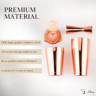 Boston Shaker Set - 4-Piece Cocktail Shaker Kit with 18/28 oz Boston Shaker Stainless Steel, Strainer, and Jigger, in a Stylish Gift Box - Ideal for Home Bar Use. (Rose Gold)
