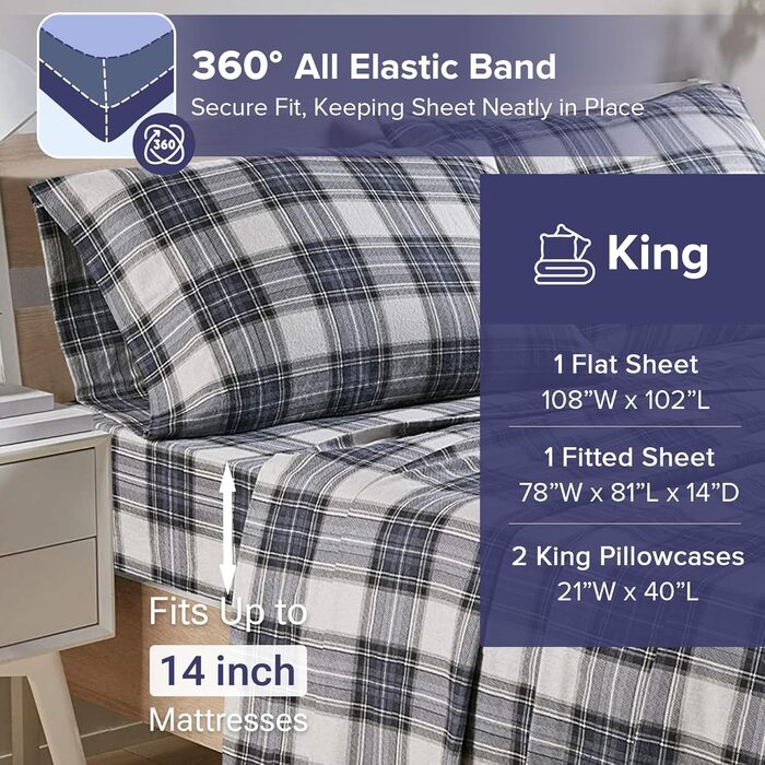 Comfort Spaces Cotton Flannel Sheet Set with Pillowcases, Breathable, Warm, Deep Pocket, for King Size Beds, Blue Tartan, Scottish Plaid Pattern, 4-Piece