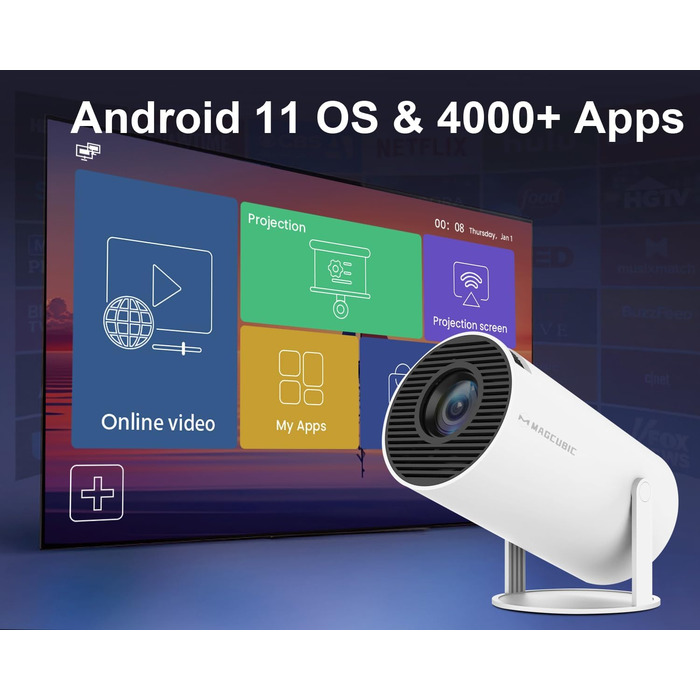 Mini проєктор Beamer 4K Android 11 Smart, електричний фокус, 5G WiFi 6, BT 5.0, Full HD 1080P, 260ANSI, автоматичне виправлення трапецеїдальних спотворень, 5W динамік
