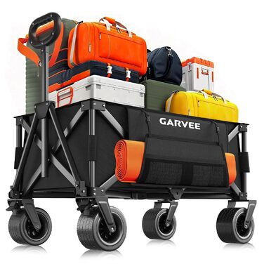 Візок-теліжка складний GarveeLife XXL 200L, 200 кг, гальма, колеса 20 см для пляжу, кемпінгу, саду, чорний