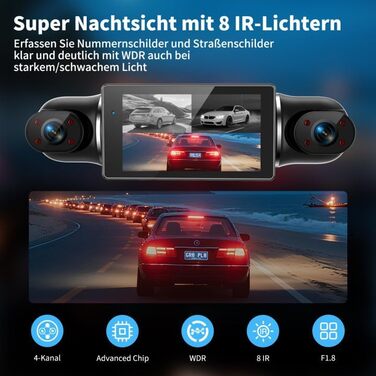 Відеореєстратор в авто Dash Cam 2K/1080p з 64GB SD-картою, 4 камери, IPS-дисплей 3