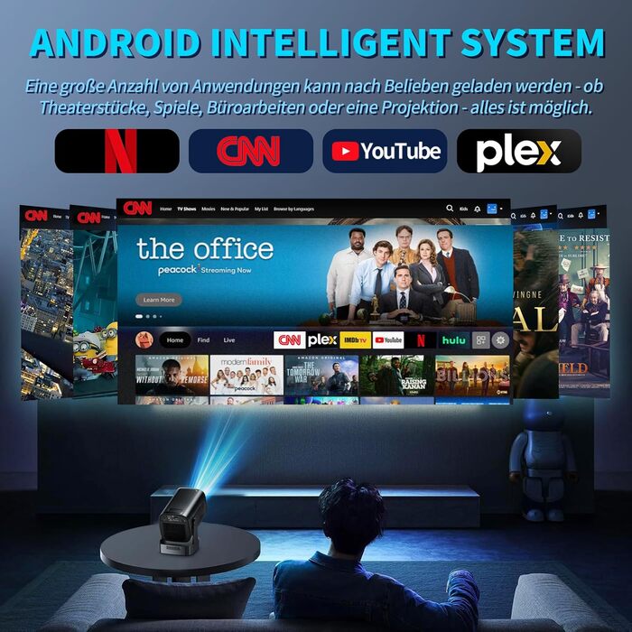 4K проєктор Beamer Full HD 1080P Android, портативний міні-проєктор з Wi-Fi 6 та Bluetooth 5.2, поворотний на 270°, для PC/HDMI/USB, з мишею та пультом, білий (чорний матовий)
