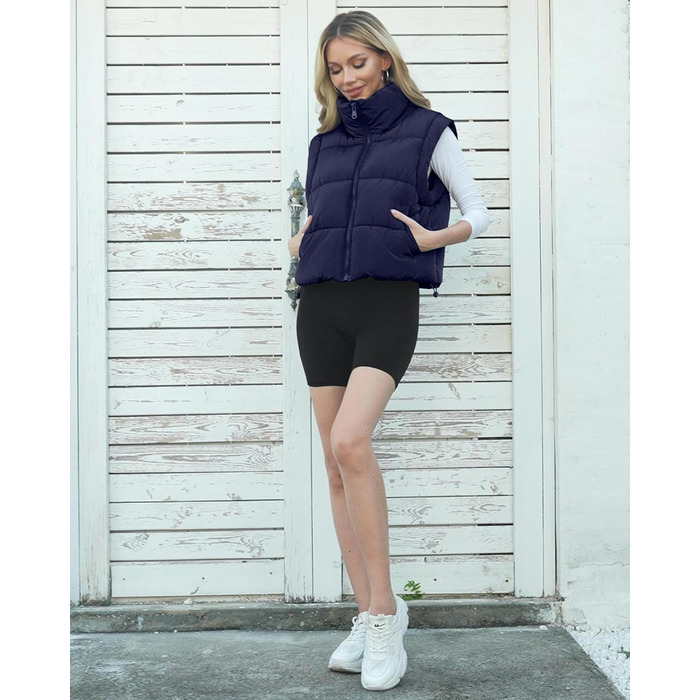 Жіноча укорочена пуховая жилетка Polu, безрукавка, комір-стійка, з утеплювачем, зимова, легка, об'ємна (XL, темно-синій)