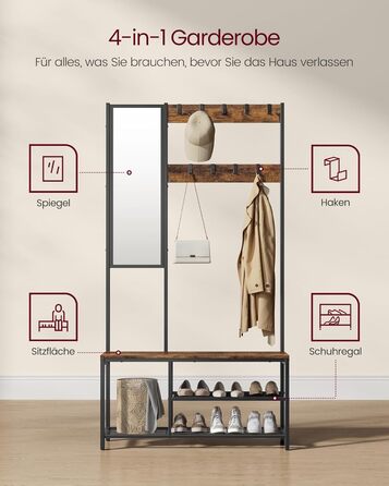 VASAGLE Coat Rack, Coat Stand with Hooks, Clothes Rack with Mirror, Shoe Bench and Shelves, 36 x 98 x 185 cm, for Entryway, Bedroom, Living Room, vintage brown-black HSRAM050B01