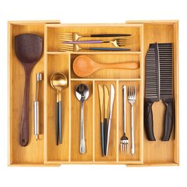 Органайзер для столових приборів бамбуковий висувний для шухляди 33-52 x 43 x 5 см, 6-8 відділень, пластиковий лоток для кухні