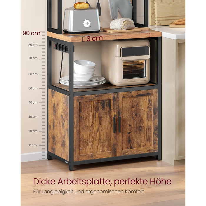 Полиця кухонна VASAGLE з розетками, кухонна шафа, робоча поверхня 90 см, стелаж з 8 гачками, 40 x 60 x 170 см, вінтажний коричневий + чорний, KKS058K02