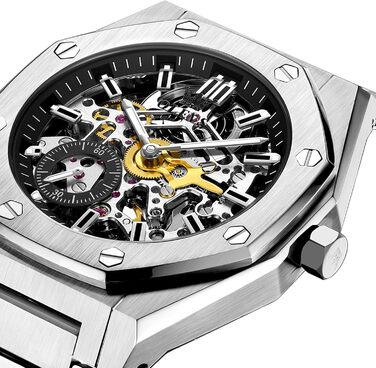 Чоловічий механічний годинник OLEVS Gold Skeleton з автопідзаводом, водонепроникний, зі сталі з діамантовим напиленням та підсвіткою (6669: Сріблясто-чорний)