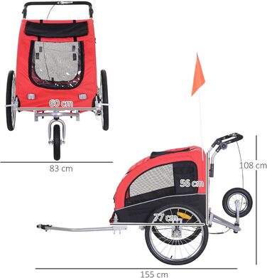 PawHut Причіп для собак 2-в-1, велосипедний причіп для собак, візок для собак з відбивачами, прапорцем, причіп для собак PawHut, оксфордська тканина (Червоний+Чорний)