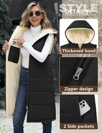 Жіноча довга жилетка Vancavoo з капюшоном на осінь/зиму: степкова, без рукавів, з флісовою підкладкою, тепла, чорна, розмір L